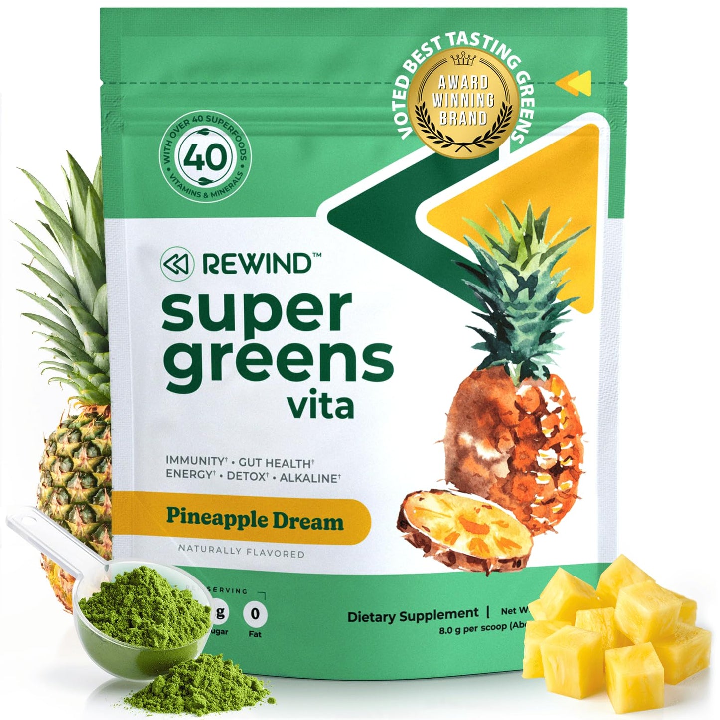 Rewind Best Tasting Super Greens Powder – Pineapple Flavor, 40+ Superfoods, Vitamin B12 & Zinc