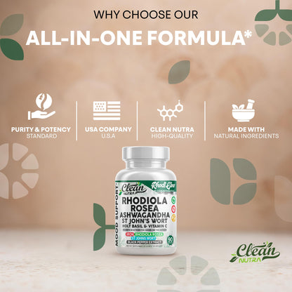 RhodiGlow Mood Support - Rhodiola, Ashwagandha & St. John's Wort | Clean Nutra