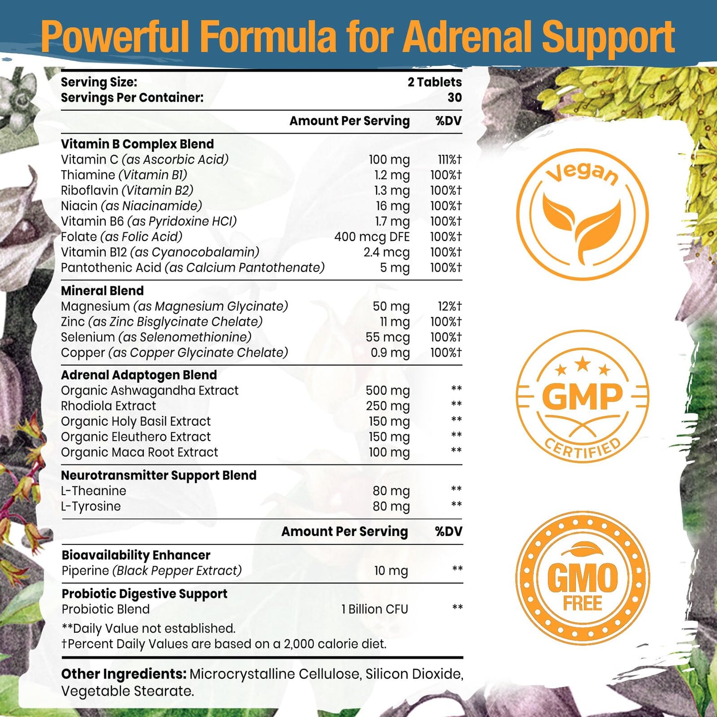 Tervaies Adrenal Support Adaptogen Supplements – Rhodiola, Ashwagandha, Holy Basil & Eleuthero | 120 Vegan Tablets