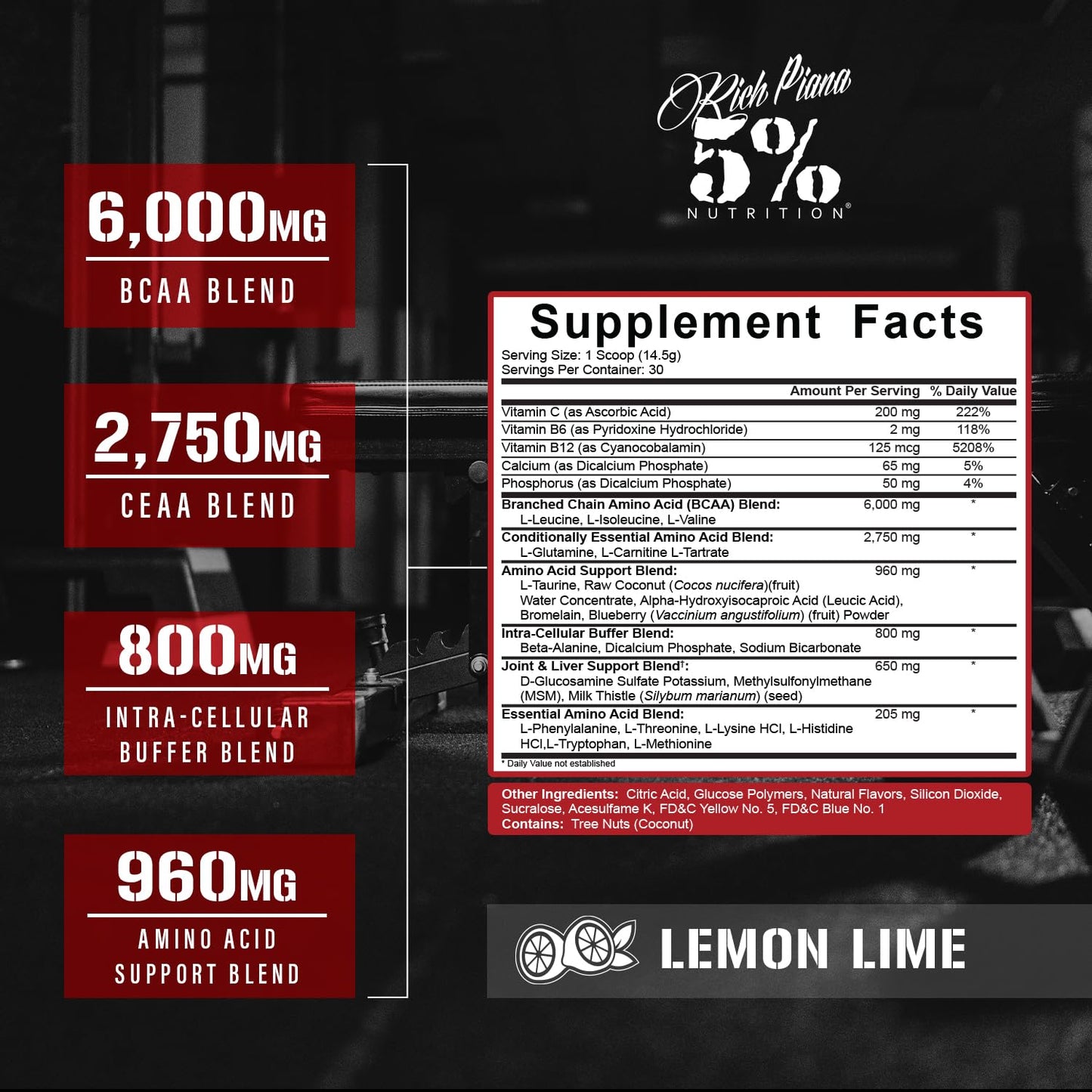 5% Nutrition Rich Piana AllDayYouMay BCAA Powder | Intra & Post-Workout Aminos, Hydration & Endurance – Lemon Lime, 15.3 oz
