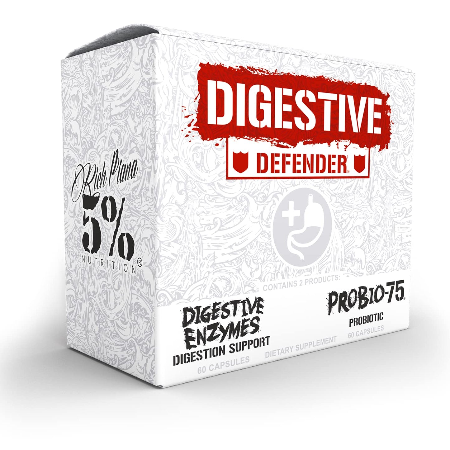 5% Nutrition Rich Piana Digestive Defender | Probio-75 & Digestive Enzymes | 120 Gelatin Capsules