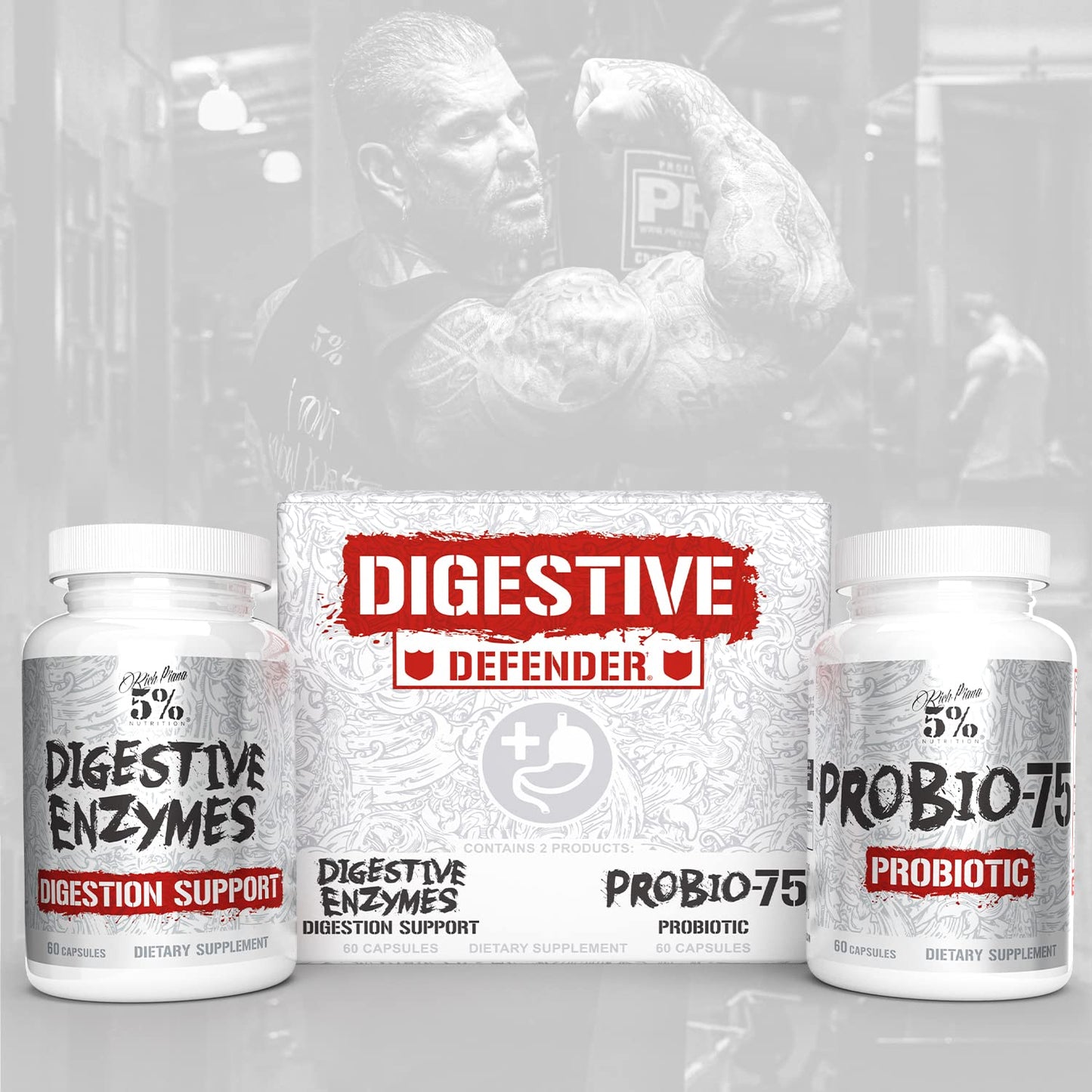 5% Nutrition Rich Piana Digestive Defender | Probio-75 & Digestive Enzymes | 120 Gelatin Capsules