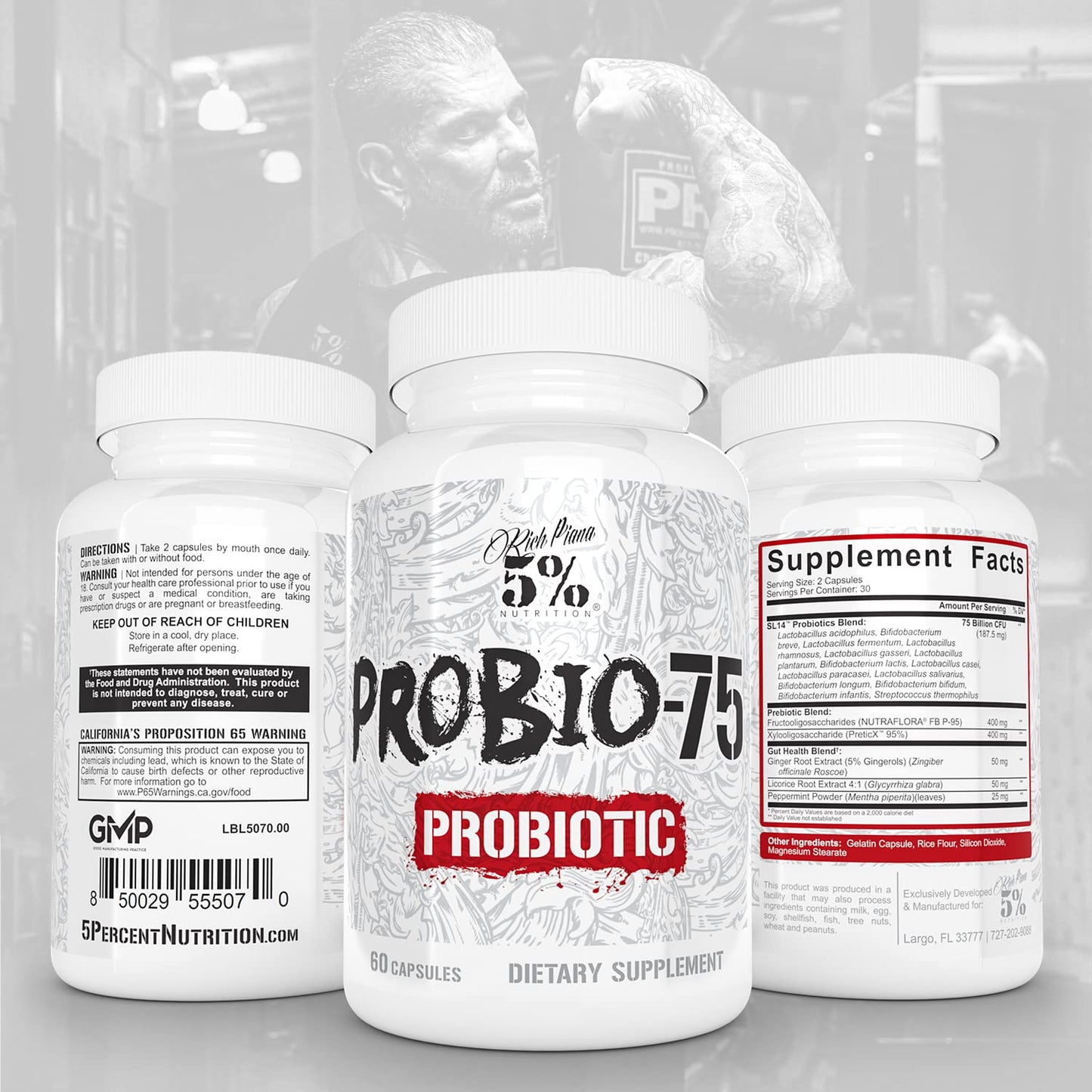 5% Nutrition Rich Piana Digestive Defender | Probio-75 & Digestive Enzymes | 120 Gelatin Capsules
