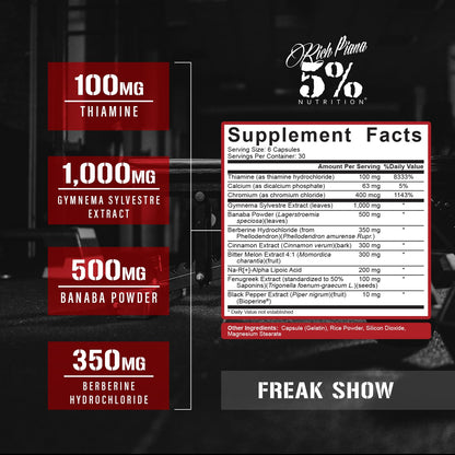 5% Nutrition Rich Piana Freak Show – Muscle Builder (Berberine, Gymnema Sylvestre, Banaba) 180 Capsules