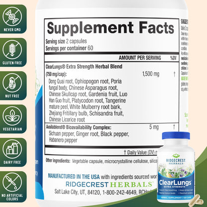 RidgeCrest Herbals ClearLungs Extra Strength - Daily Respiratory Support (120 Vegan Caps)