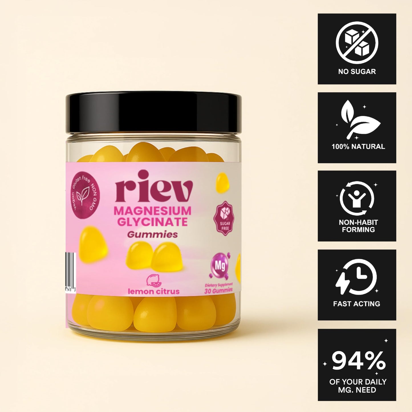 Riev Magnesium Glycinate Gummies 200mg – Sugar-Free, Vegan & Non-GMO | Lemon Citrus 30 Gummies