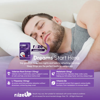 Riize Sleep Strips — Fast Acting Sleep Aid with 5mg Melatonin, Valerian Root, L-Theanine, Vitamin B6 (Vegan, 6 Count)
