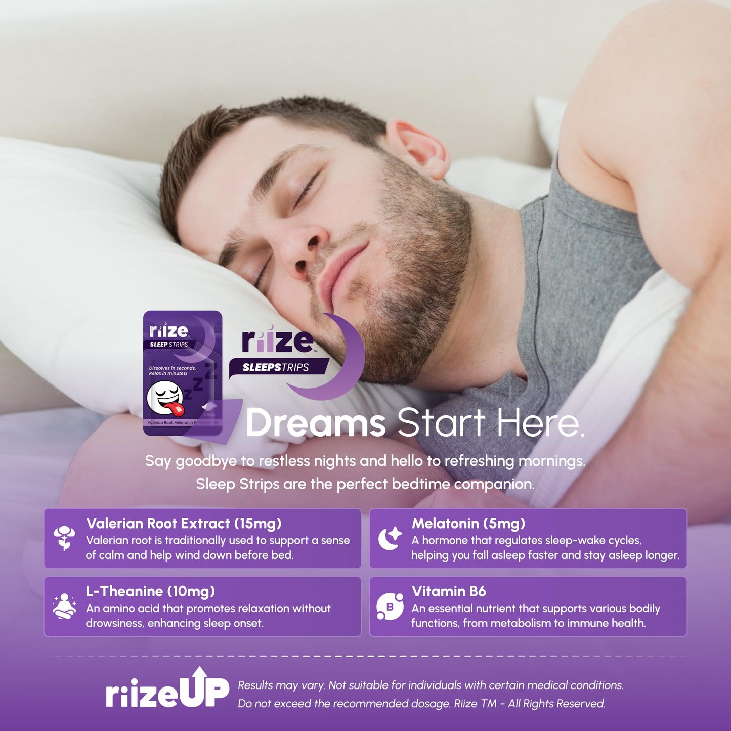 Riize Sleep Strips – Fast Acting Dissolvable Sleep Aid with 5mg Melatonin, Valerian, L-Theanine, Vitamin B6 | Vegan (3 Count)