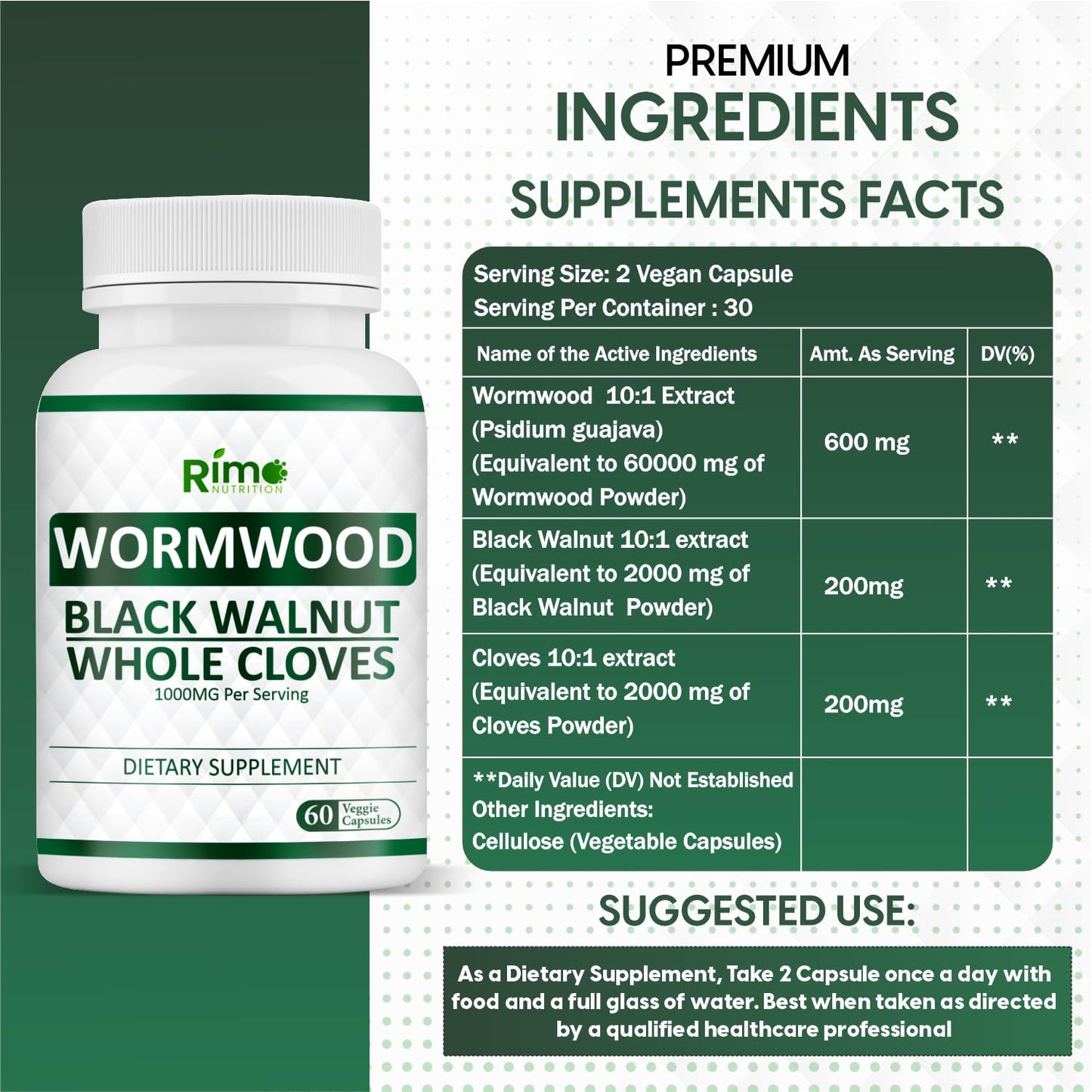 Rimo Nutrition Wormwood, Black Walnut & Clove Capsules - 60 Capsules Non-GMO