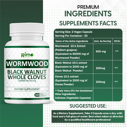 Rimo Nutrition Wormwood, Black Walnut & Clove Capsules - 60 Capsules Non-GMO