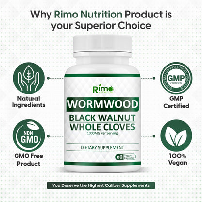 Rimo Nutrition Wormwood, Black Walnut & Clove Capsules - 60 Capsules Non-GMO