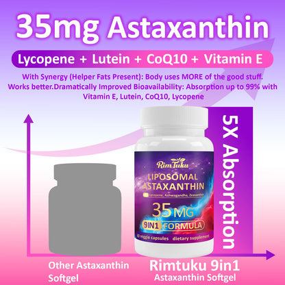 RimTuku Liposomal Astaxanthin 9-in-1 Supplement – Eye, Skin & Joint Health (180 Capsules)
