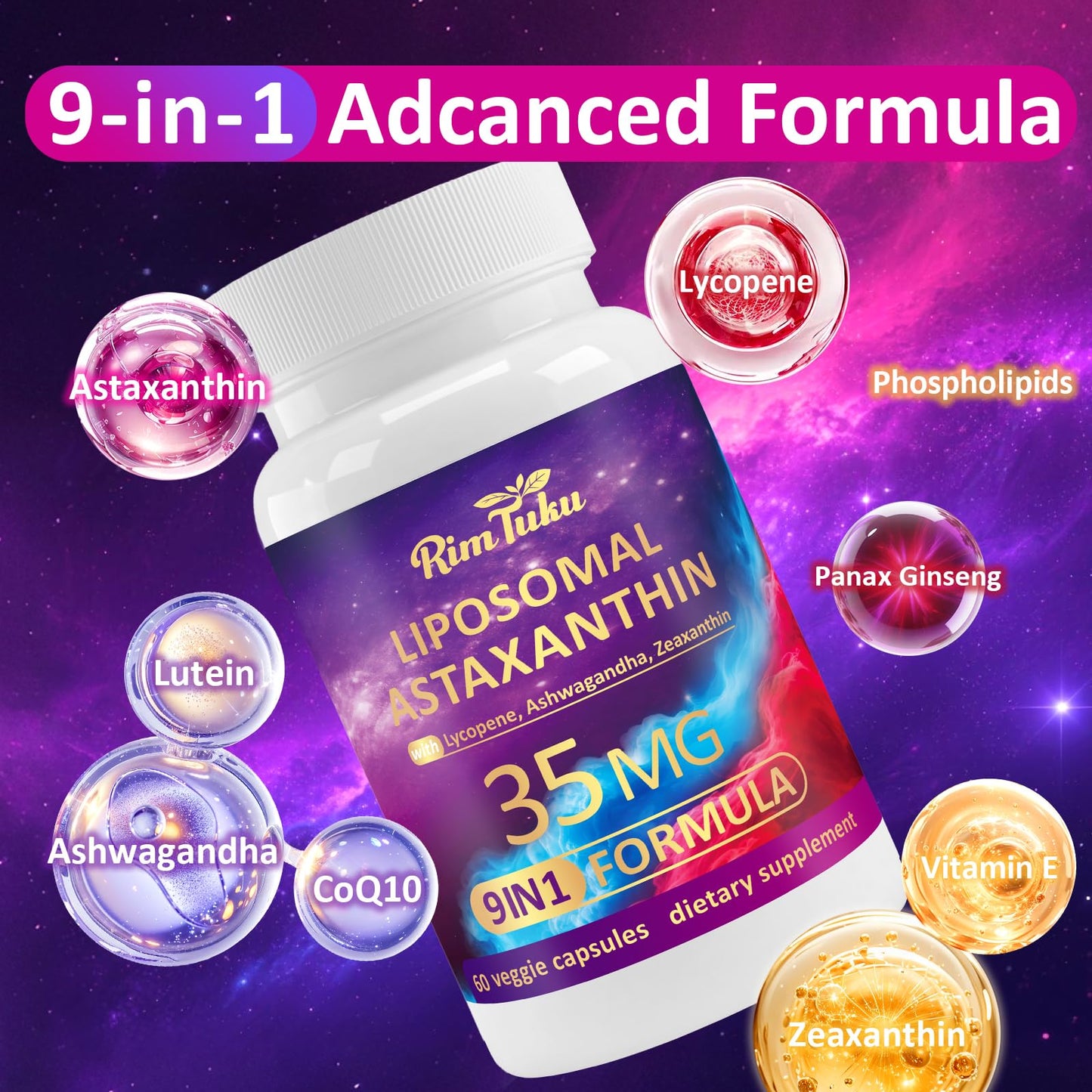 RimTuku Liposomal Astaxanthin 9-in-1 Supplement – Eye, Skin & Joint Health (180 Capsules)