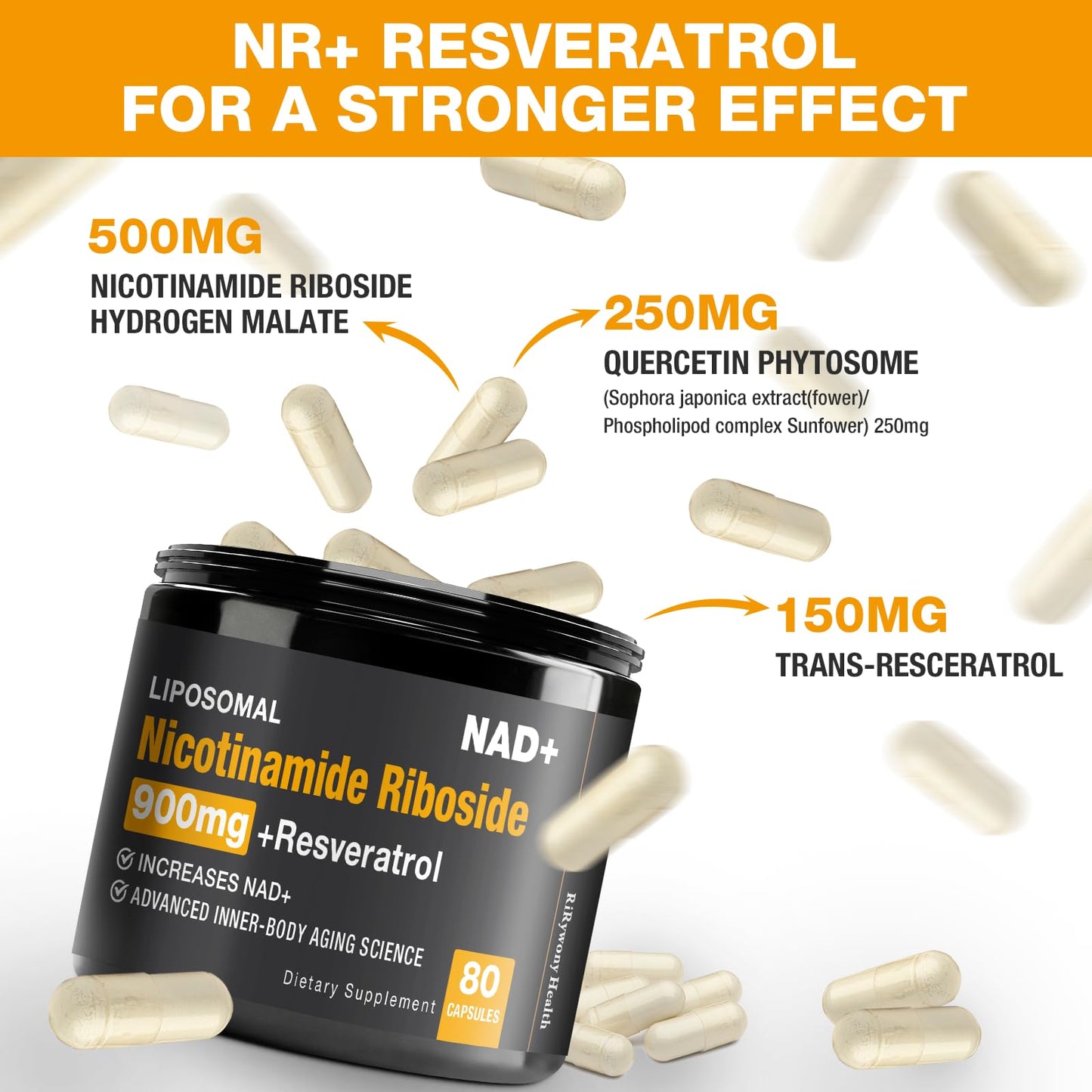 RiRywony Health NAD Supplement – NAD+ with NR, Resveratrol & Quercetin 900mg (80 capsules)
