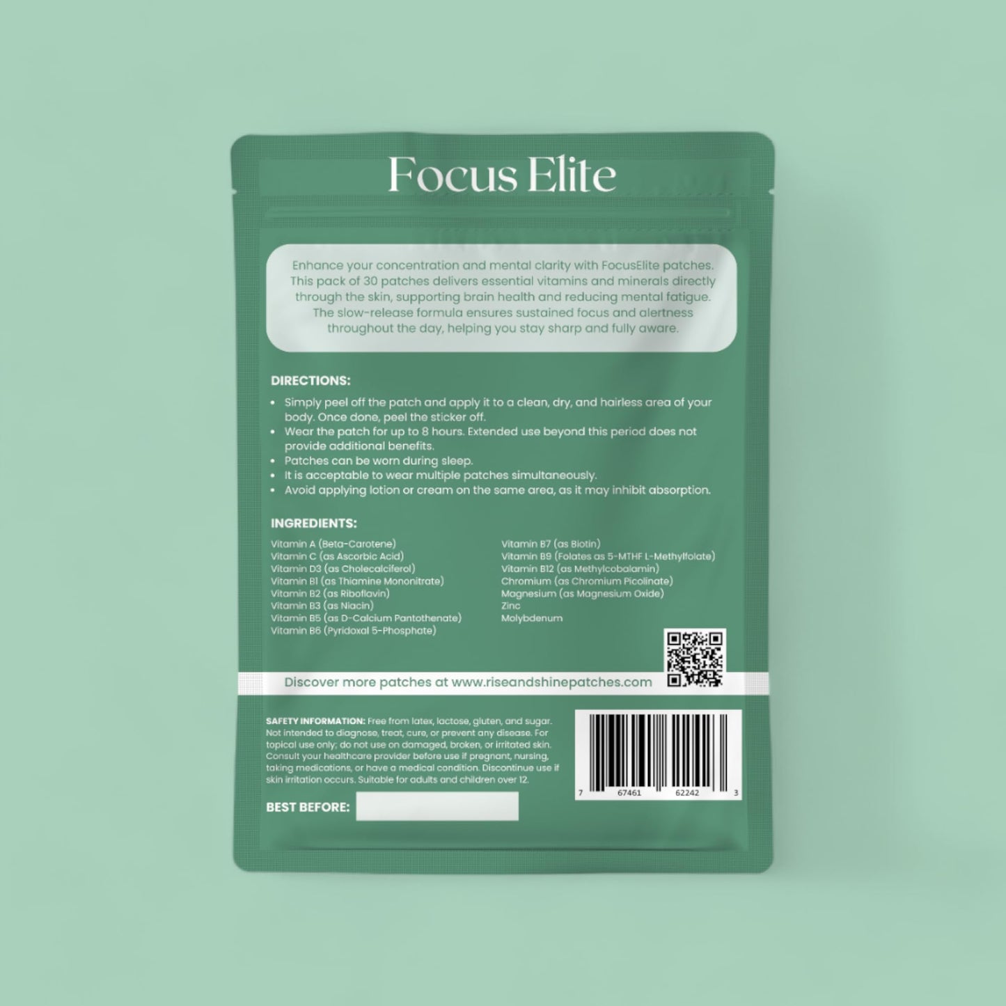 Rise & Shine Focus Elite Patches – 30 Count, 8-Hour Time Release Caffeine-Free Nootropic Patch