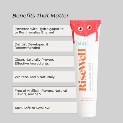 RiseWell Kids Mineral Toothpaste – Hydroxyapatite, No Fluoride, Cake Batter – 3.4 oz (Pack of 2)