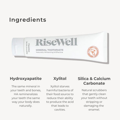 RiseWell Mineral Unflavored Toothpaste - Hydroxyapatite, Fluoride-Free, SLS-Free | Made in USA (Pack of 2)