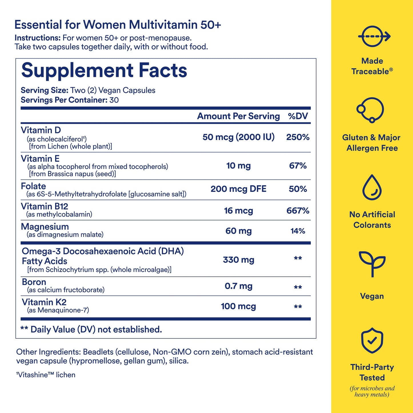 Ritual Women 50+ Multivitamin — Vegan, Non-GMO, D3/K2/Mg, Omega-3 DHA, Mint, 60 Capsules