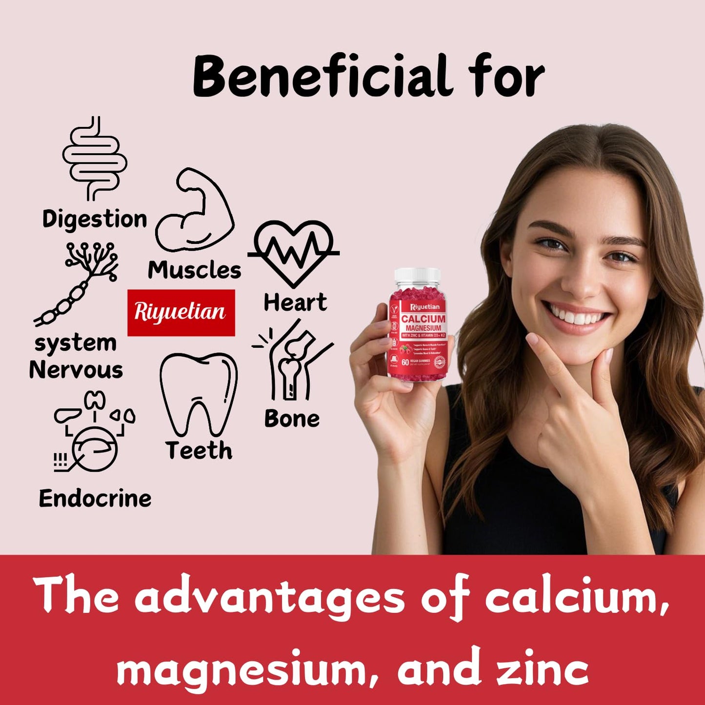 Riyuetian Calcium Gummies with Magnesium & Zinc + D3 & K2 - 60 Count | Bone, Teeth & Immune Support