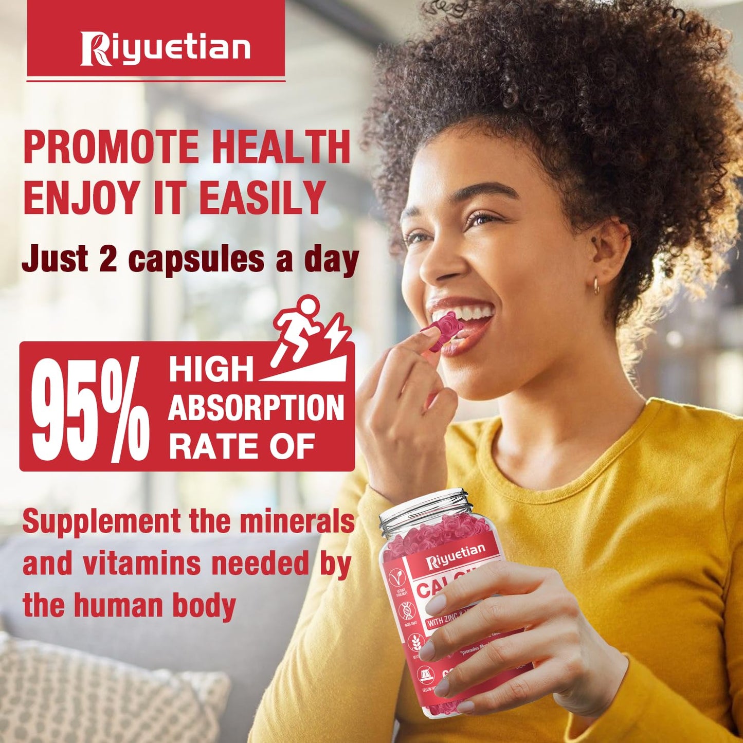 Riyuetian Calcium Gummies with Magnesium & Zinc + D3 & K2 - 60 Count | Bone, Teeth & Immune Support