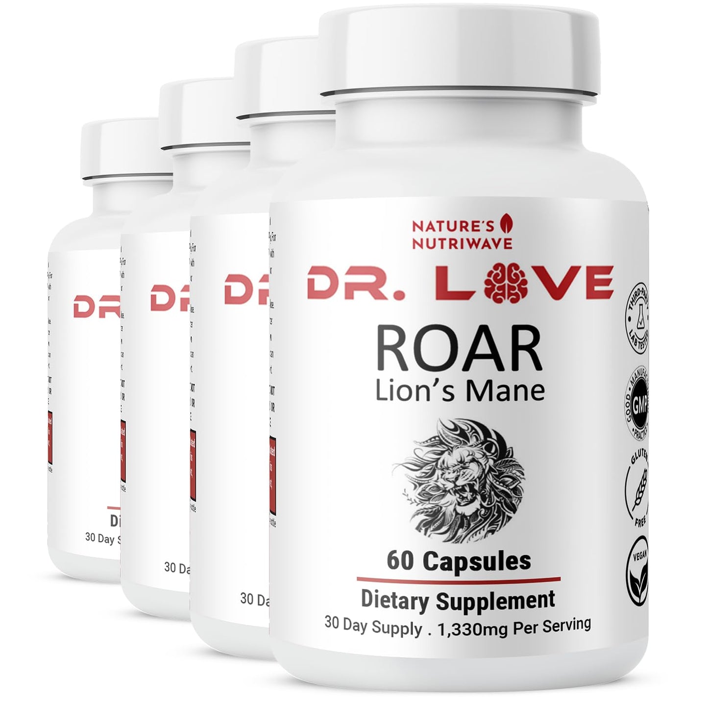 Nature's NutriWave Dr. Love Roar Lion's Mane Mushroom Supplement – Plant-Based, Vegan, Gluten-Free, USA Made