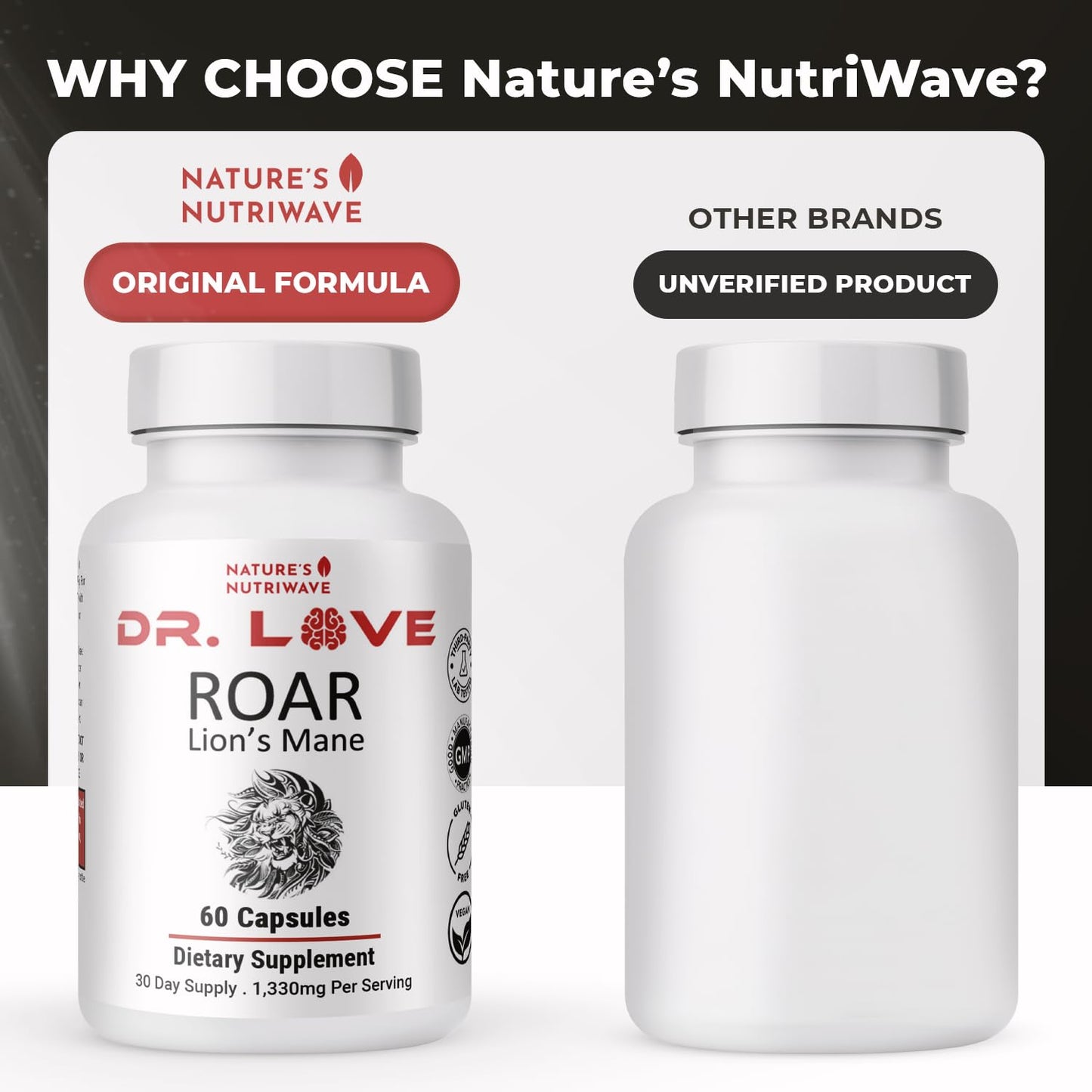Nature's NutriWave Dr. Love Roar Lion's Mane Mushroom Supplement – Plant-Based, Vegan, Gluten-Free, USA Made