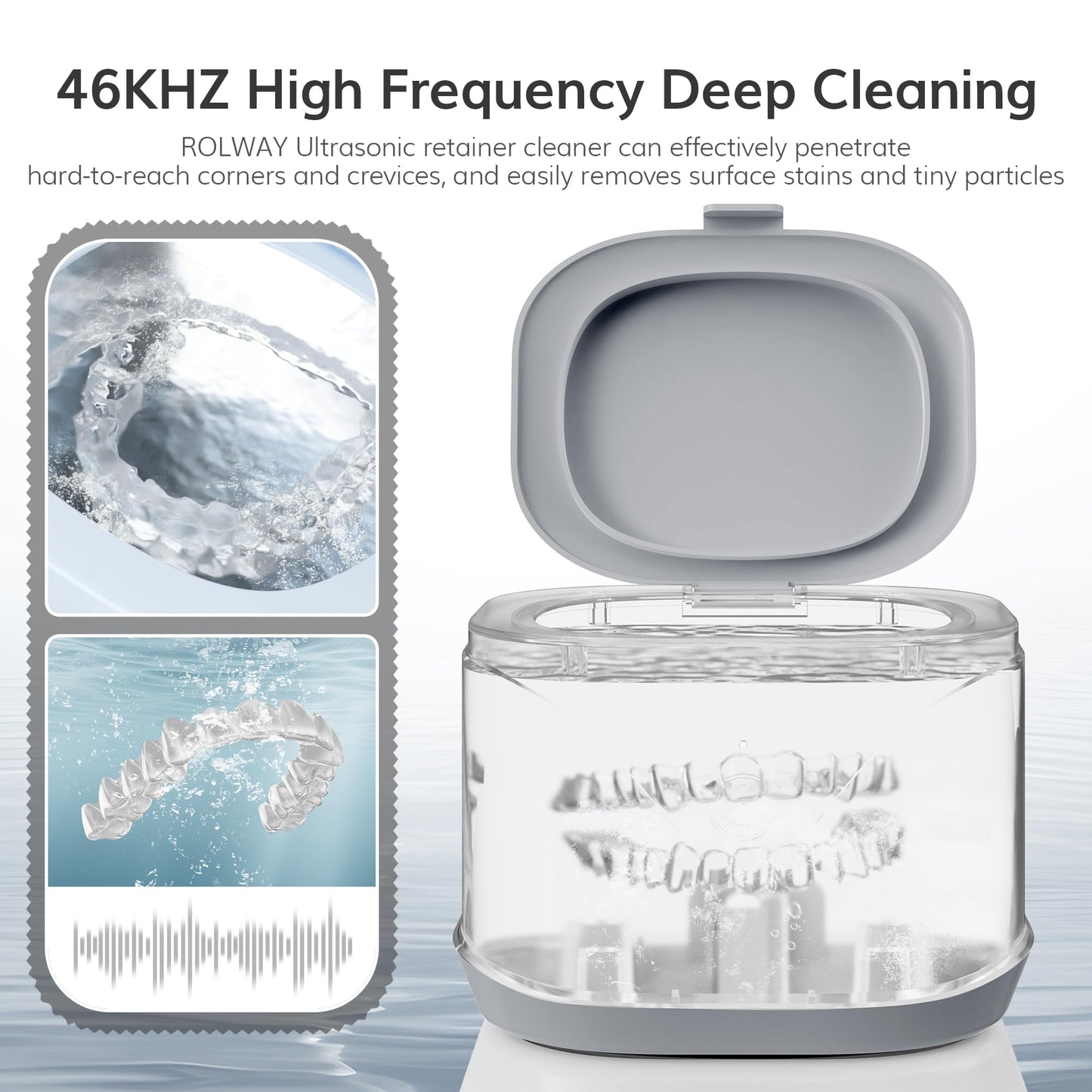 ROLWAY Ultrasonic Retainer Cleaner 46kHz – 220ml, One-Touch Deep Cleaning for Mouth Guards & Aligners (White)