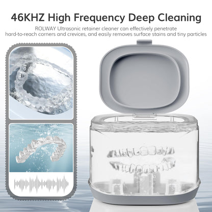 ROLWAY Ultrasonic Retainer Cleaner 46kHz – 220ml, One-Touch Deep Cleaning for Mouth Guards & Aligners (White)