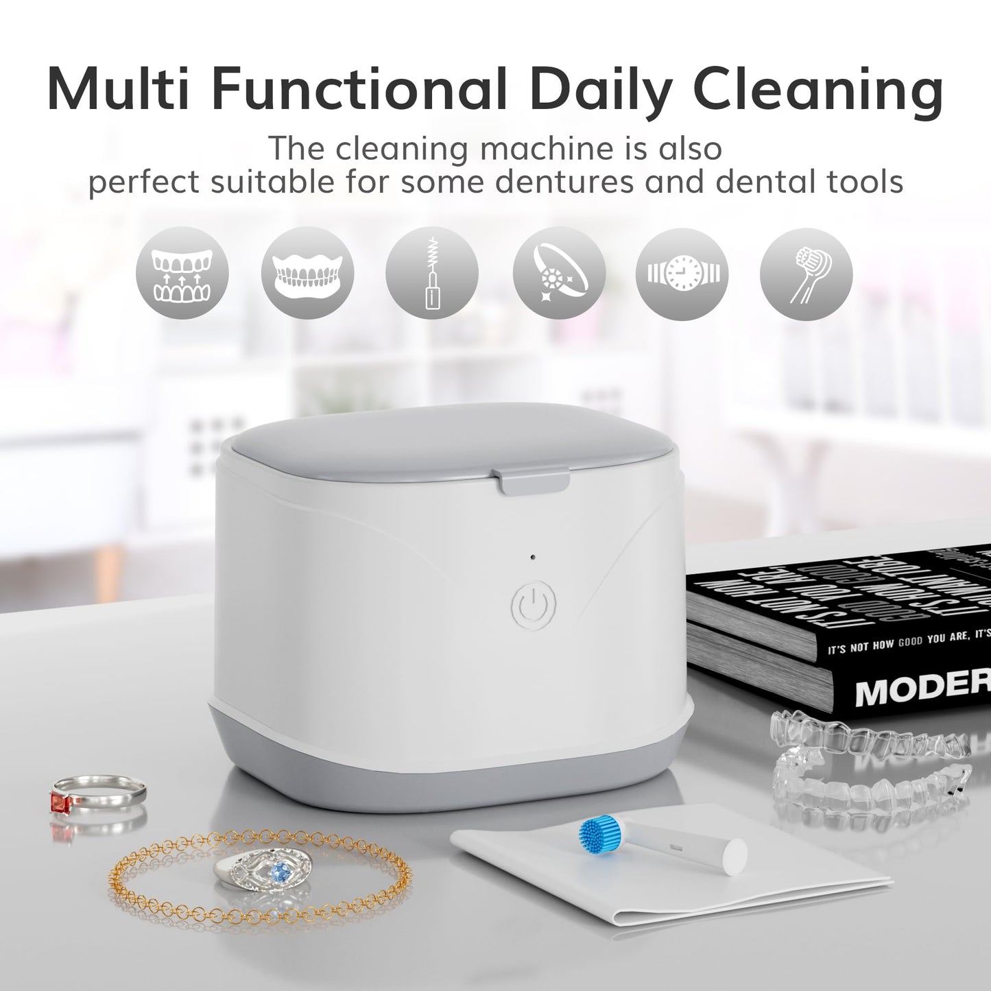 ROLWAY Ultrasonic Retainer Cleaner 46kHz – 220ml, One-Touch Deep Cleaning for Mouth Guards & Aligners (White)
