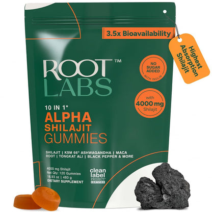 ROOT LABS 10-in-1 Alpha Shilajit Gummies – 4000 mg, Sugar-Free Vegan, 120 Pack