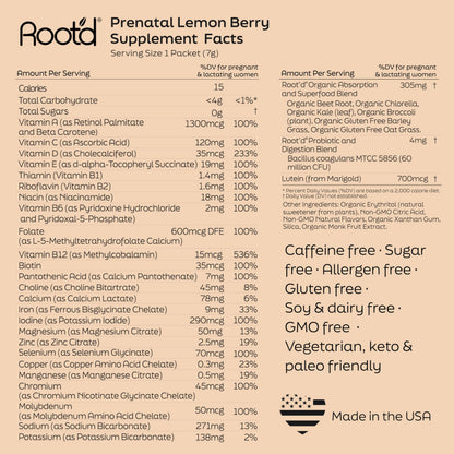 Root'd Prenatal Multivitamin Powder — 25 Vitamins & 3x Electrolytes, Folate, Iron, D3, 7 Superfoods & Probiotics | Sugar-Free | 24 Packets