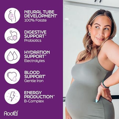 Root'd Prenatal Multivitamin Powder — 25 Vitamins & 3x Electrolytes, Folate, Iron, D3, 7 Superfoods & Probiotics | Sugar-Free | 24 Packets