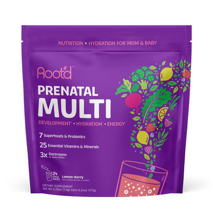 Root'd Prenatal Multivitamin Powder — 25 Vitamins & 3x Electrolytes, Folate, Iron, D3, 7 Superfoods & Probiotics | Sugar-Free | 24 Packets
