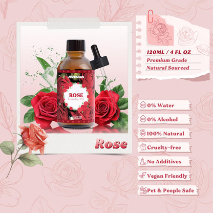 Rose Essential Oil 4 Oz (120ml) - Pure & Natural Fragrance for Diffusers, Aromatherapy, Massage