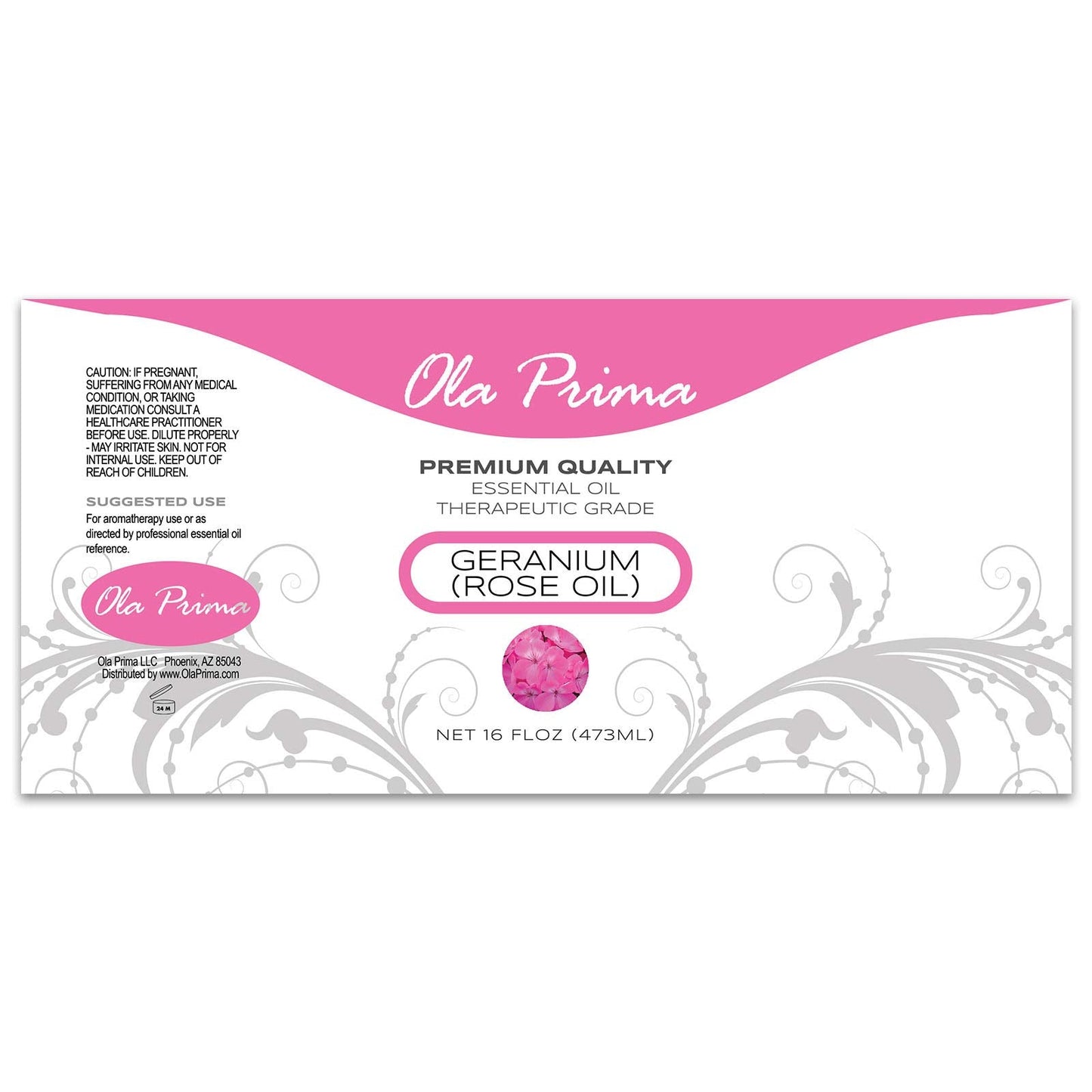 Ola Prima Rose Geranium Essential Oil - 16oz Therapeutic Grade for Aromatherapy, Skincare & Relaxation