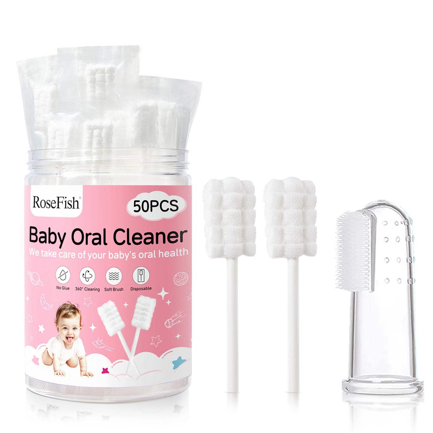 RoseFish 50Pcs Baby Tongue Cleaners (0-36 Months) – Disposable, No Glue