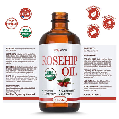 BodyJ4You Rosehip Oil for Face – 100% Pure USDA Organic Cold-Pressed, 1 oz