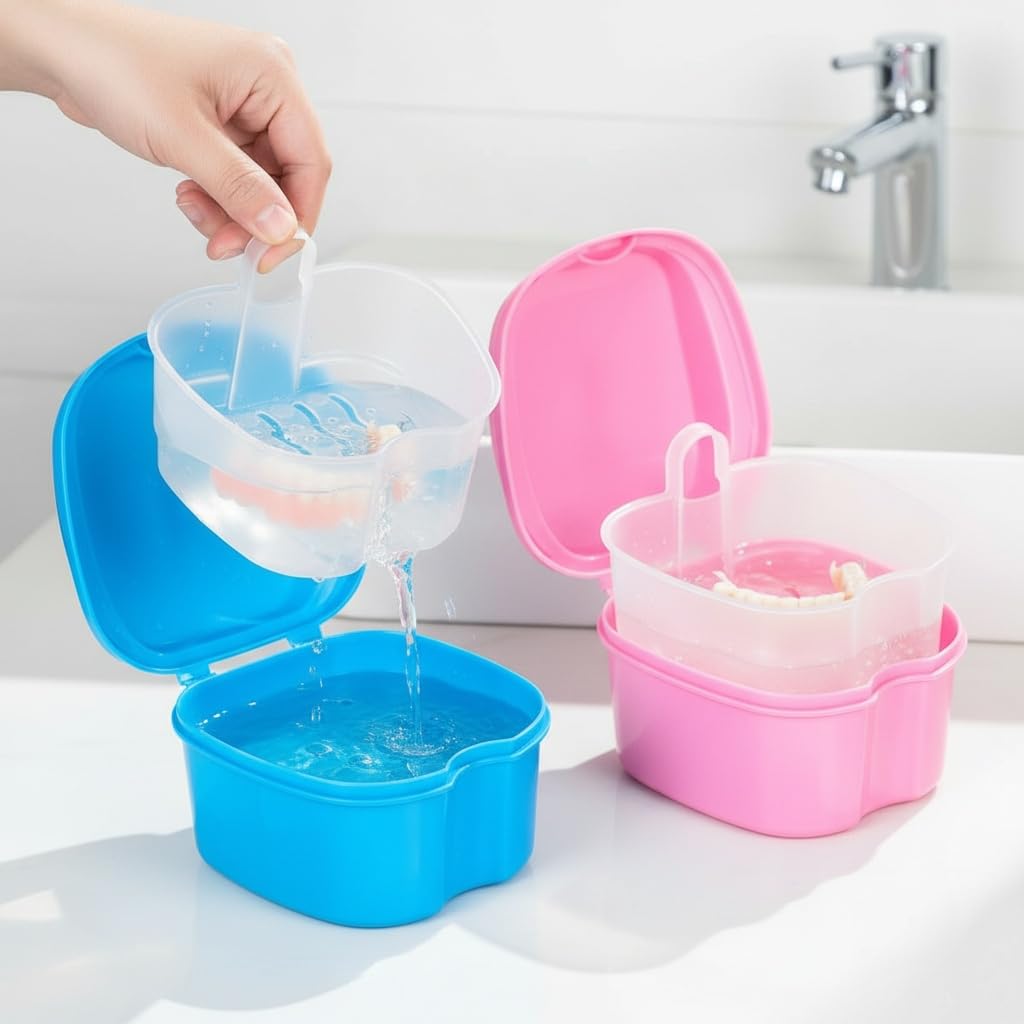 Rosenice Denture Storage Box Set 2 Pack with Strainer Basket | Portable ABS Case