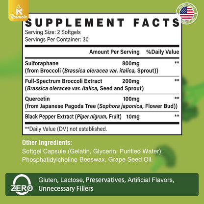 Rosmolo 800 mg Liposomal Sulforaphane | Dual-Delivery, Full-Spectrum Broccoli Extract, 180 Softgels