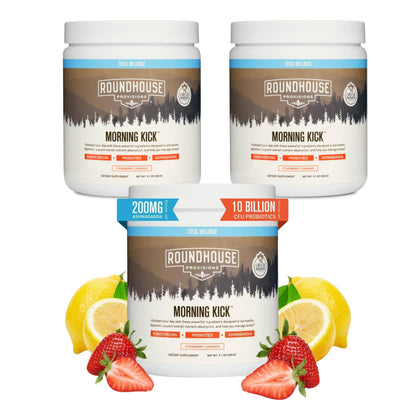 ROUNDHOUSE PROVISION Morning Kick Greens Powder – Ashwagandha, Collagen & Probiotics | Sugar Free, Caffeine Free (3 Pack) Strawberry Lemonade by Chuck Norris