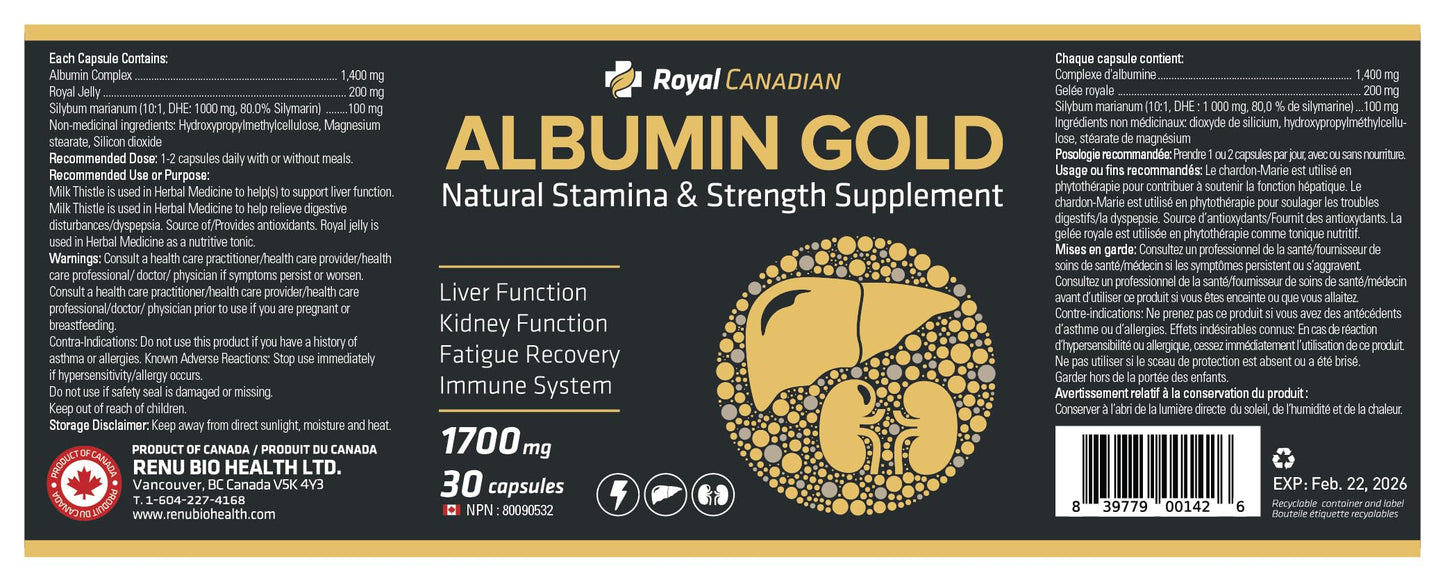 Royal Canadian Albumin Gold 1700mg – Liver & Kidney Support (30 x 1700mg Capsules)