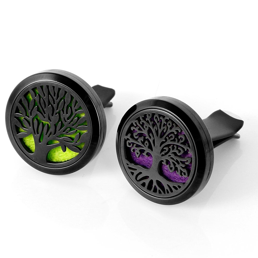 RoyAroma 2PCS Tree of Life Car Diffuser Lockets with Vent Clip | Black Stainless Steel