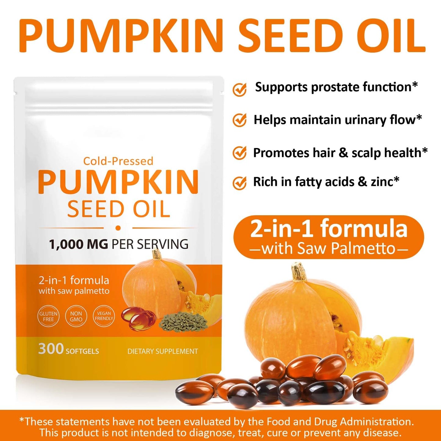 Ruduwu 300Pcs Pumpkin Seed Oil Capsules — 2-in-1 Saw Palmetto for Hair & Skin (Cold-Pressed, Non-GMO, Gluten Free)