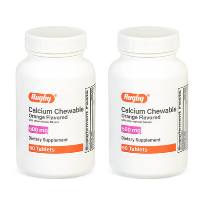 Rugby 500mg Calcium Chewable Tablets - Orange Flavor - 60 Count (2 Pack)