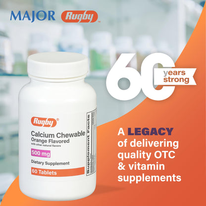 Rugby 500mg Calcium Chewable Tablets - Orange Flavor - 60 Count (2 Pack)
