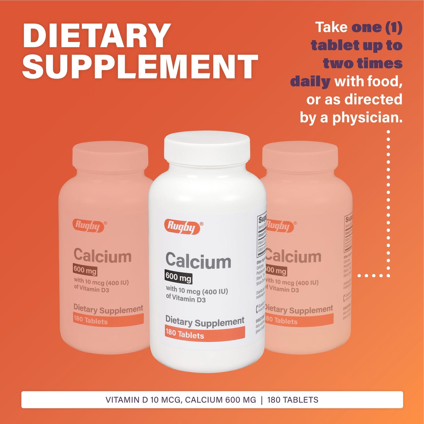 Rugby 600mg Calcium Tablets with 10mcg Vitamin D3 (400IU) – 180 Count, 2 Pack