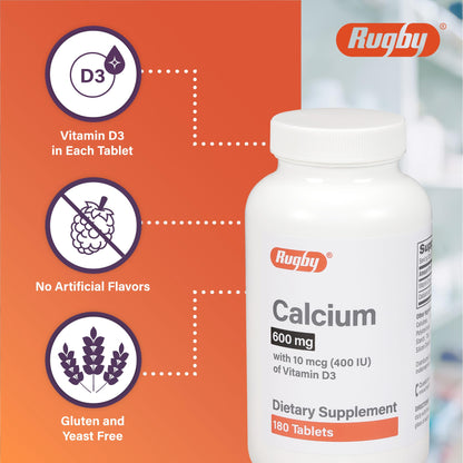 Rugby Calcium Tablets 600mg with Vitamin D3 10mcg (400IU) – 180 Count