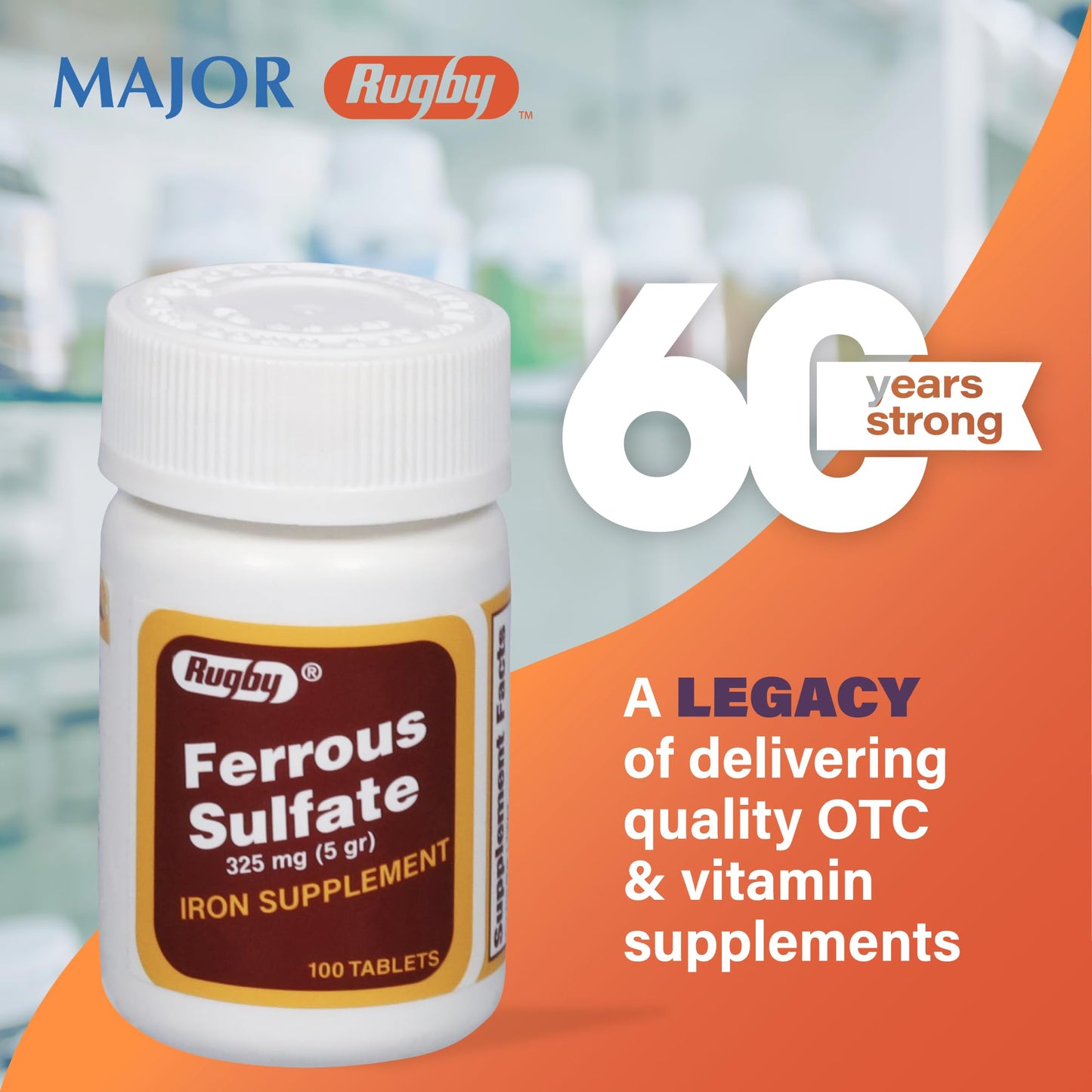 Rugby Ferrous Sulfate 325mg Tablets – Iron Supplement for Women & Men | 100 Count (1 Pack)
