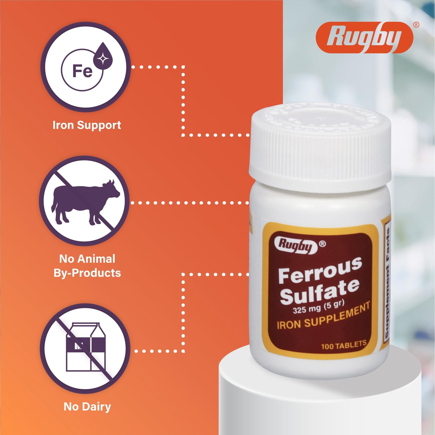 Rugby Ferrous Sulfate 325mg Tablets – Iron Supplement for Women & Men | 100 Count (1 Pack)