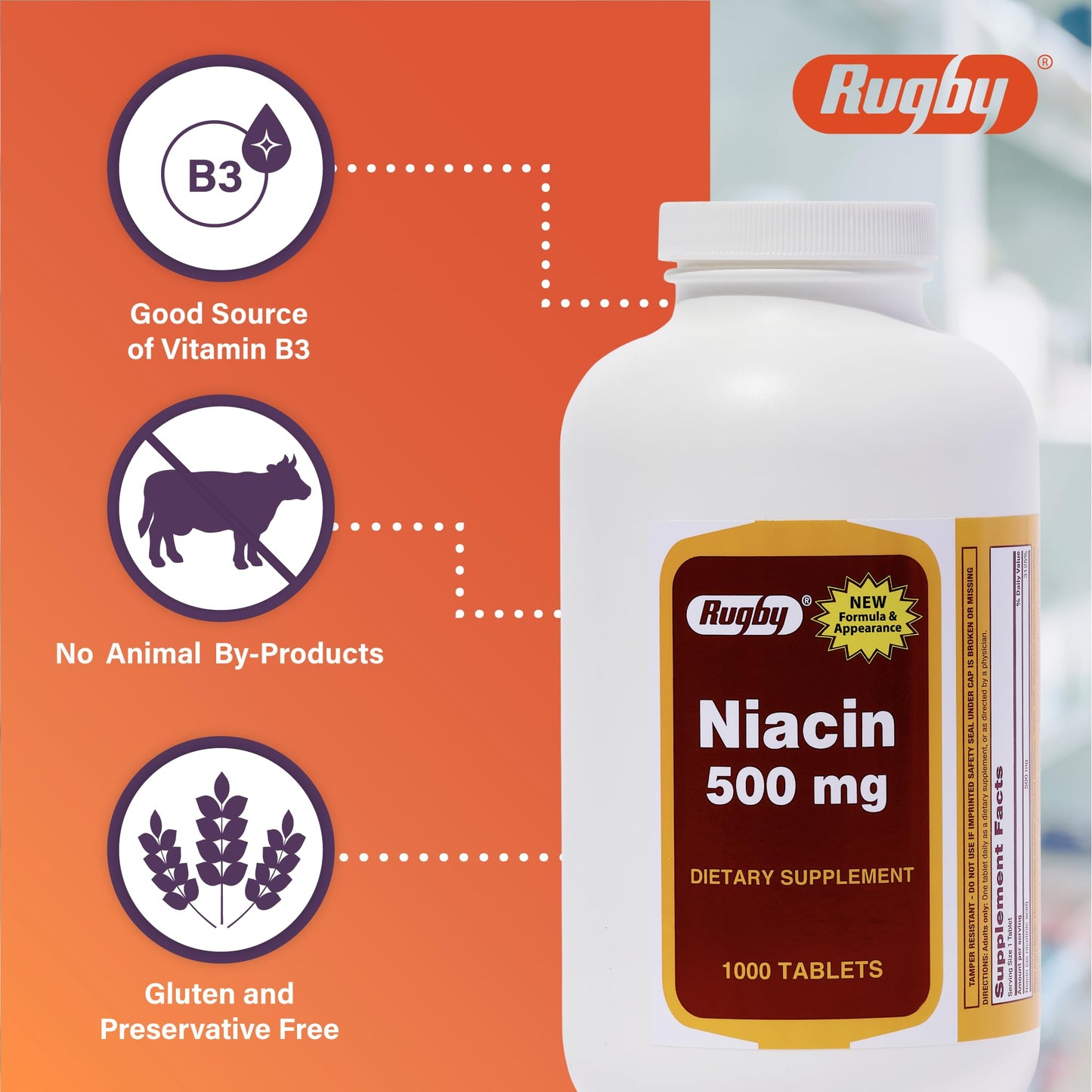 Rugby Niacin 500mg – Vitamin B3 Supplement for Men and Women (1,000 Tablets, 2-Pack) | Rugby Laboratories